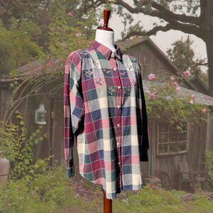 Cabin Creek Patchwork Plaid Shirt 1X Grunge Embroidered Cottagecore Button Up